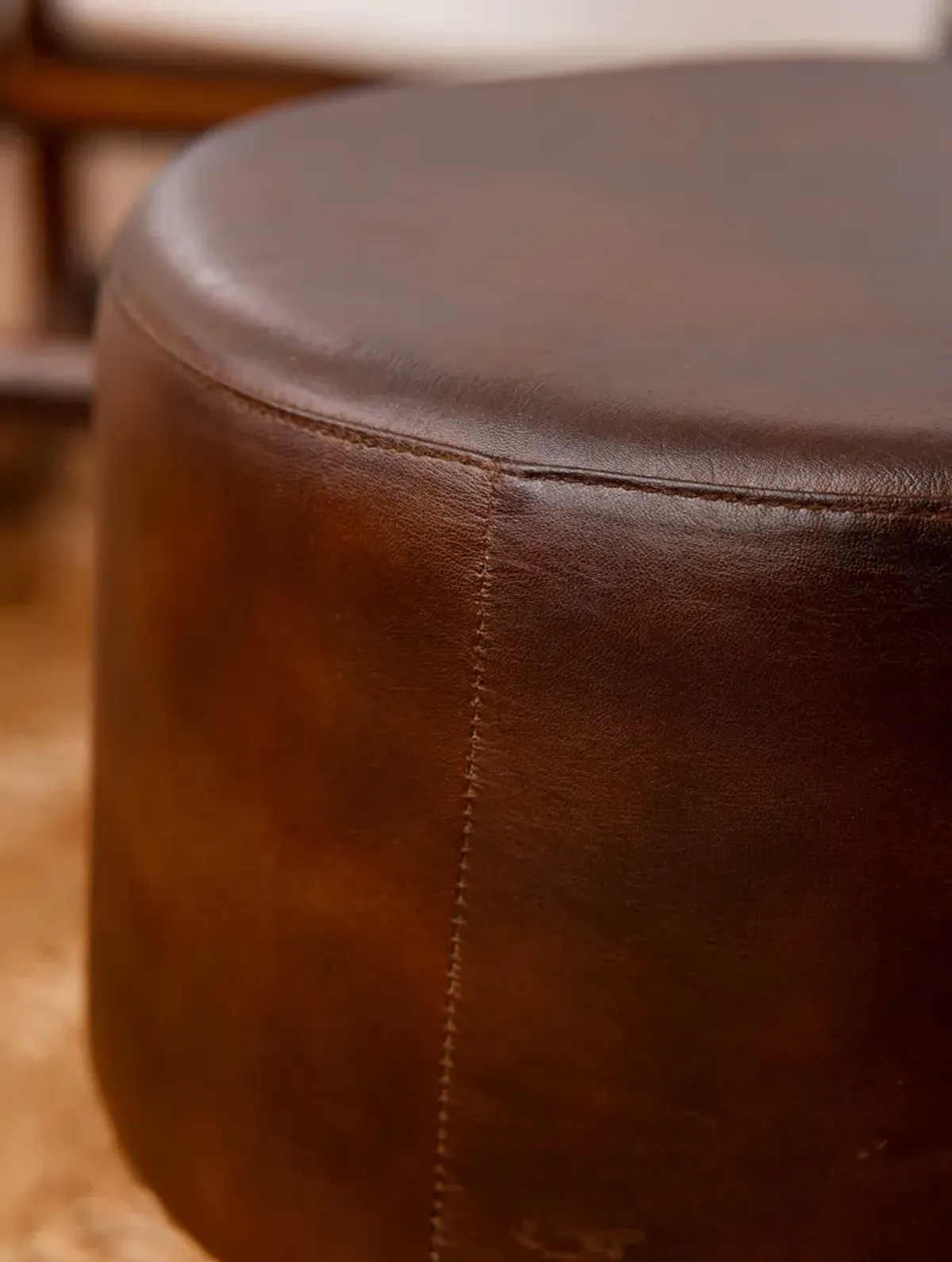 Handmade Eco-Friendly Geometric Buffalo Leather & Wood Black Round Ottomon Stool 14"x14"x14" From BBH Homes