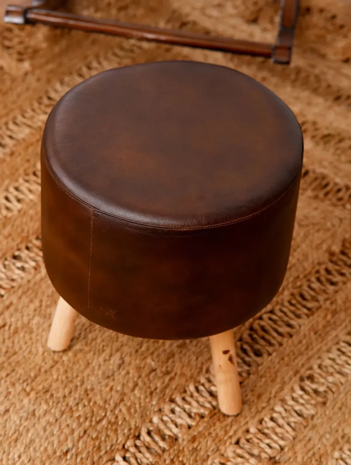 Handmade Eco-Friendly Geometric Buffalo Leather & Wood Black Round Ottomon Stool 14"x14"x14" From BBH Homes