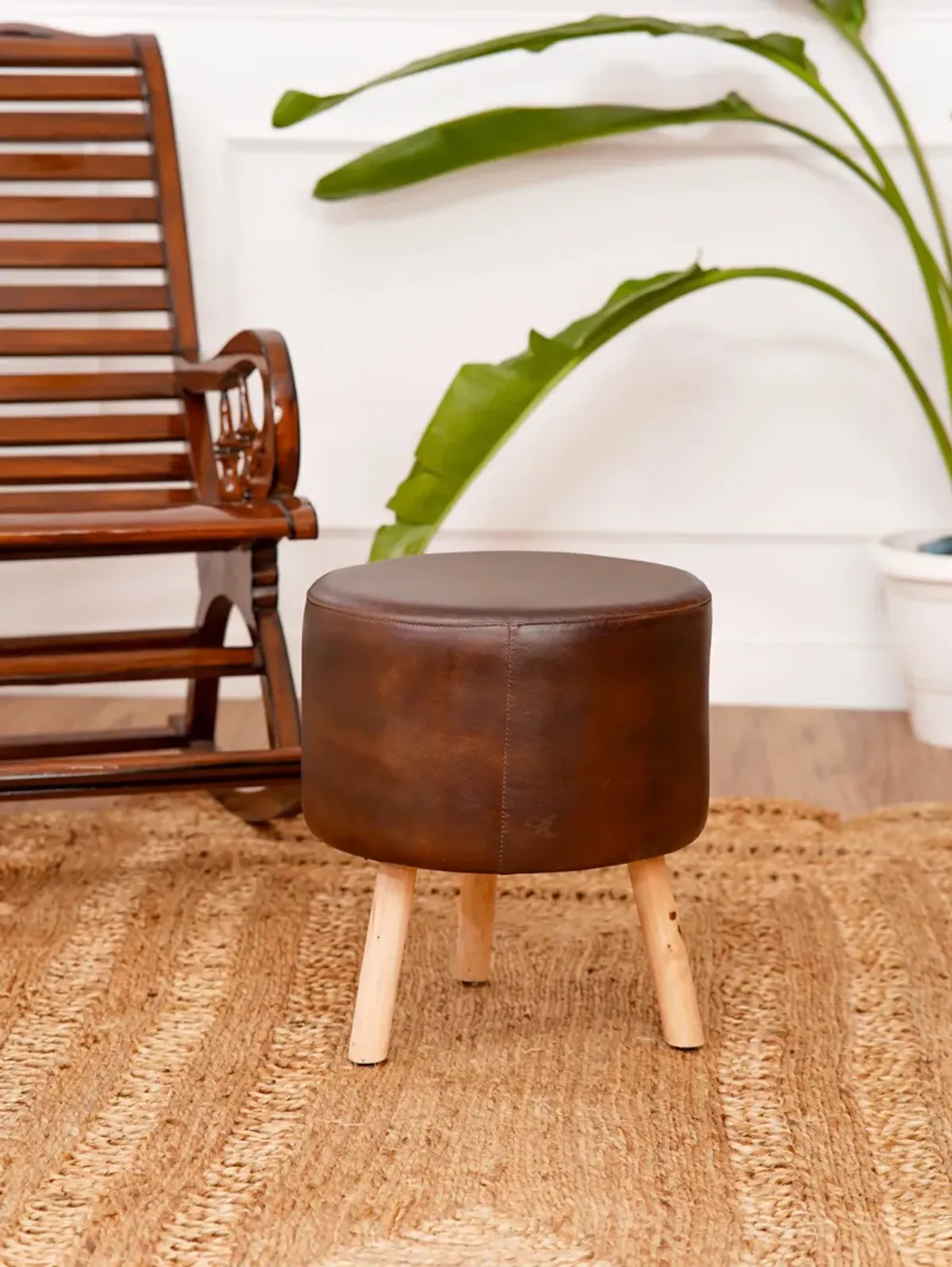 Handmade Eco-Friendly Geometric Buffalo Leather & Wood Black Round Ottomon Stool 14"x14"x14" From BBH Homes