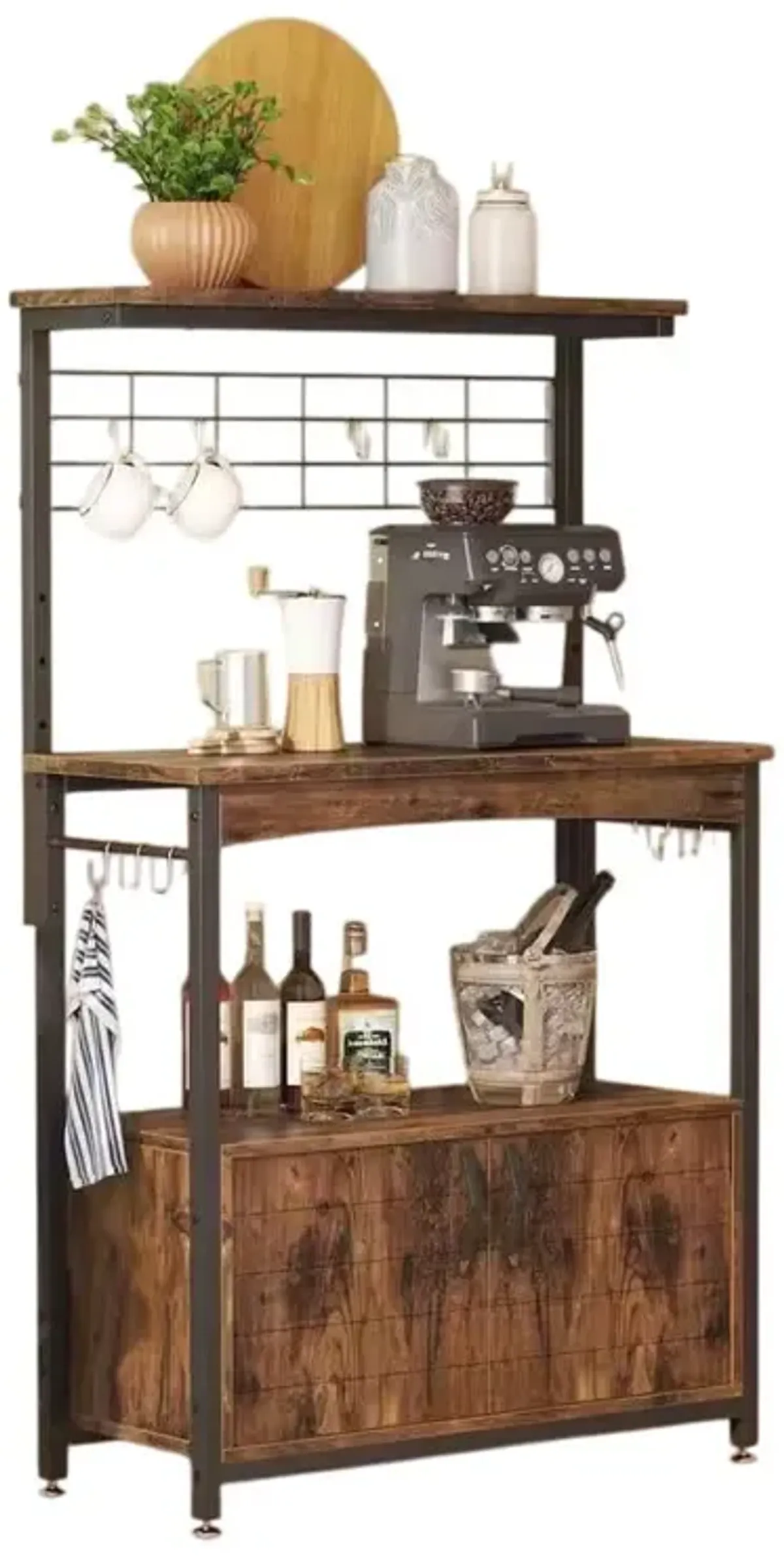 Hivvago Industrial Kitchen Metal Wood Bakers Rack Microwave Cart with Storage Cabinet