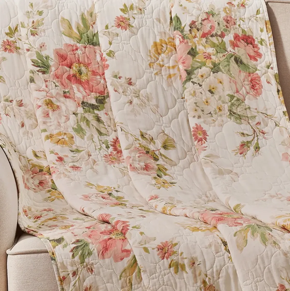 Givi Throw Blanket with Unique Floral Pattern, Buttercup Beige Cotton