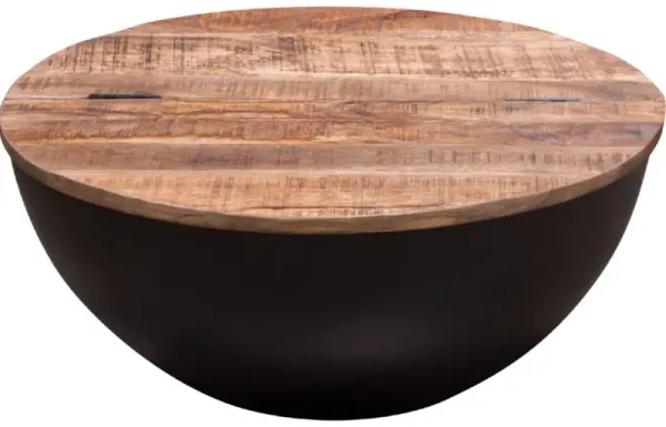 28 Inch Storage Coffee Table, Round Drum Silhouette, Brown Wood, Black Base - Benzara