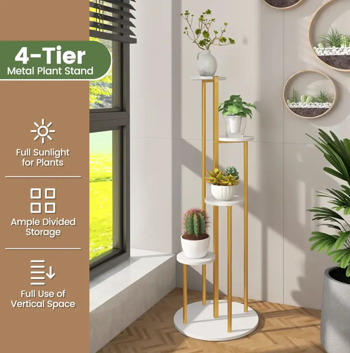 Indoor Metal Plant Stand Corner Plant Shelf for Potted Plant with Golden Metal Frame-White