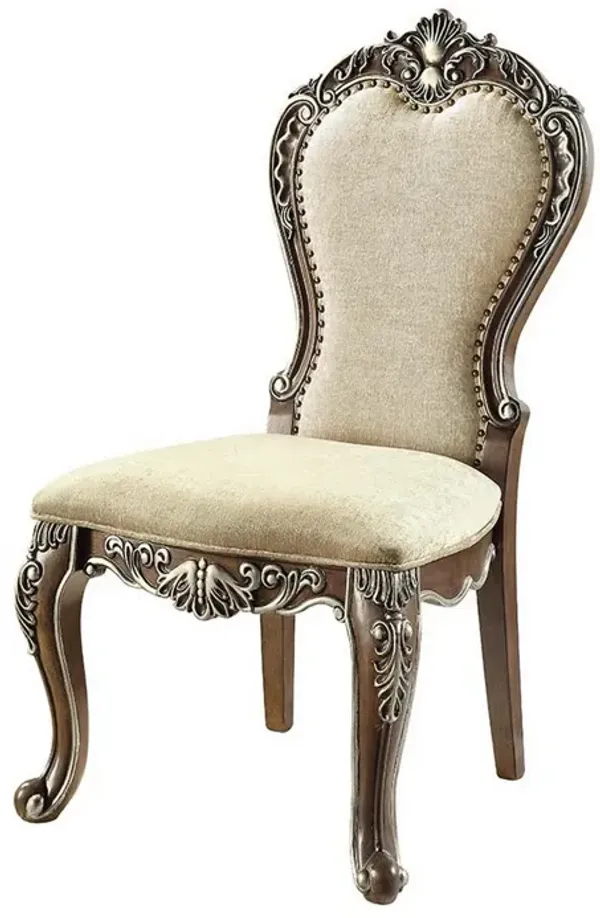 24 Inch Side Dining Chair, Set of 2, Vintage Oak Brown, Beige Chenille - Benzara