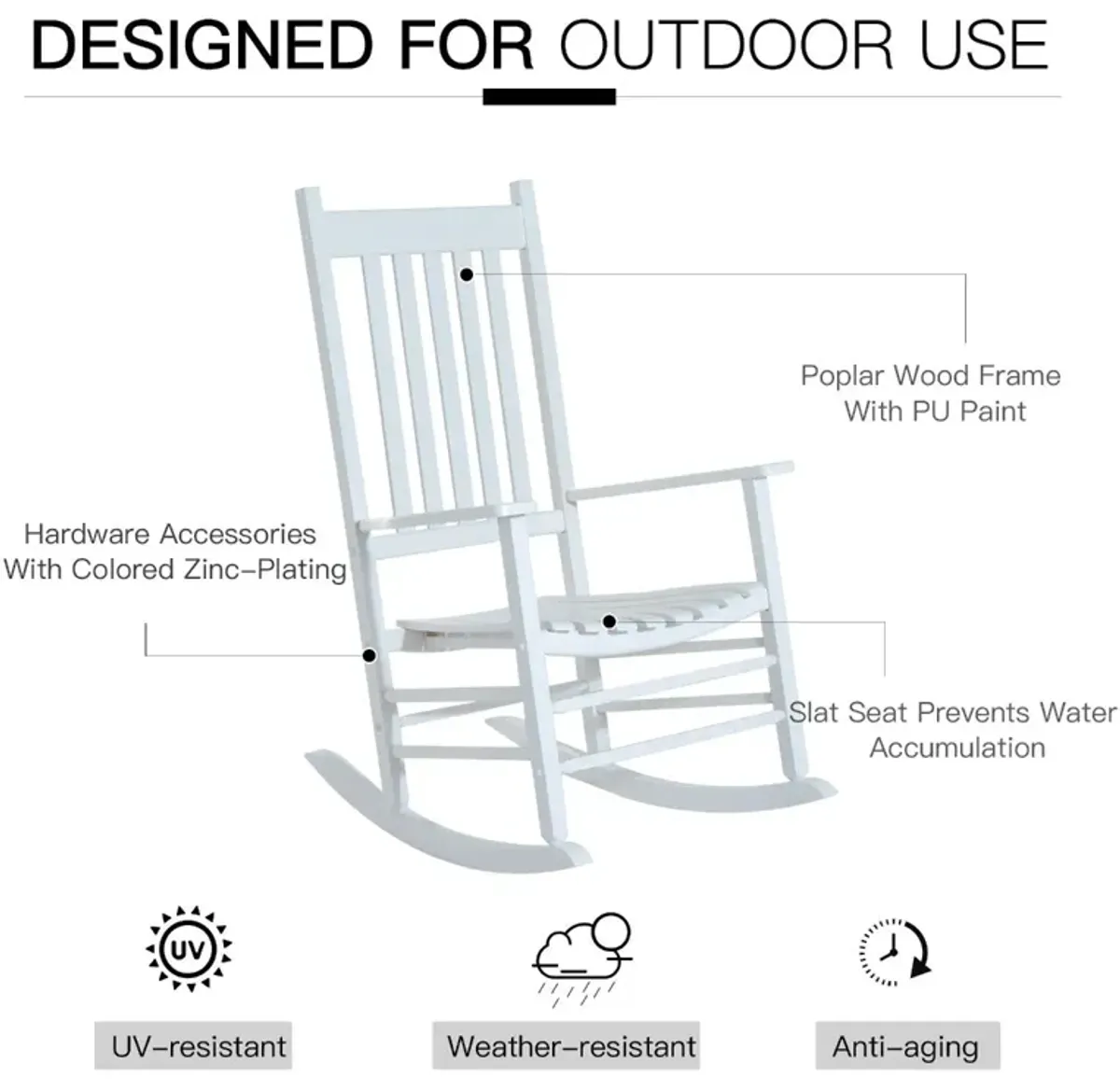 White Porch Relaxer: Wooden Outdoor Rocking Chair with Slatted Design