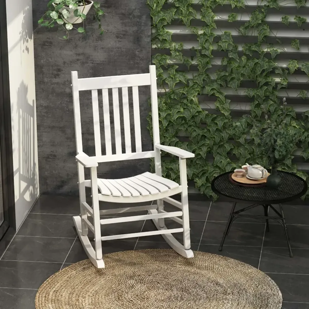 White Porch Relaxer: Wooden Outdoor Rocking Chair with Slatted Design