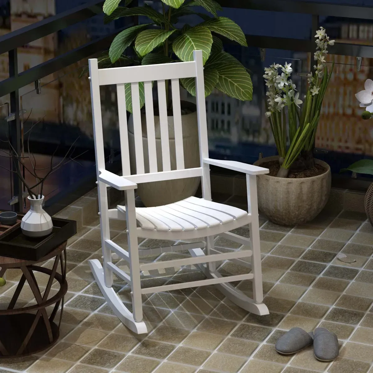 White Porch Relaxer: Wooden Outdoor Rocking Chair with Slatted Design