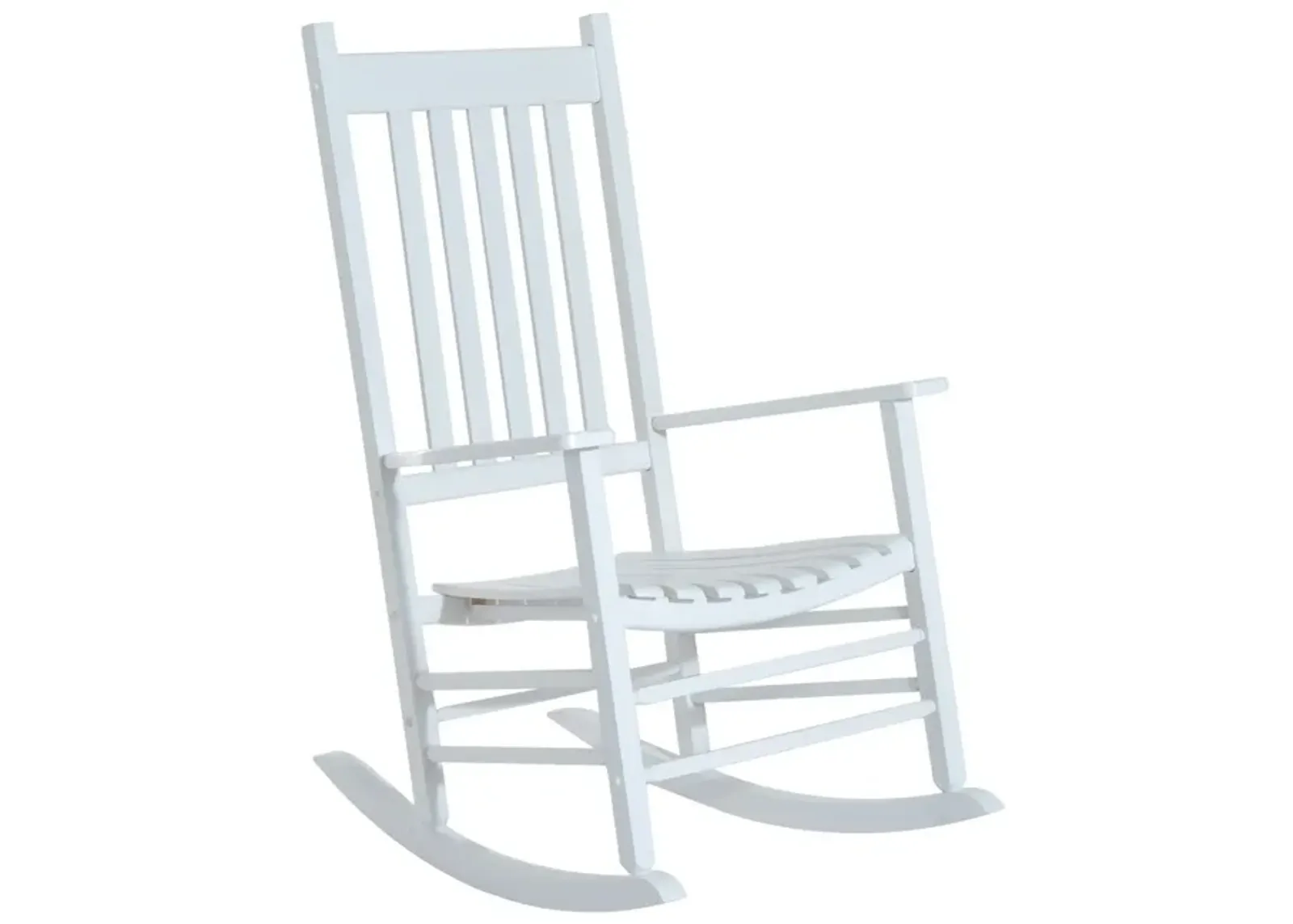 White Porch Relaxer: Wooden Outdoor Rocking Chair with Slatted Design