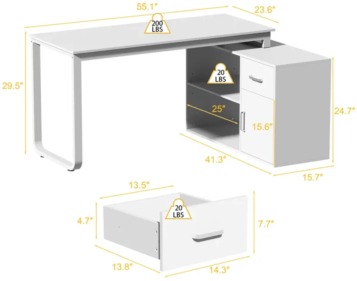 55.1" W : "L" Shape Wooden Computer Desk White Finish with 1-Drawer, Open Shelves and Eco-Friendly Paint Finish