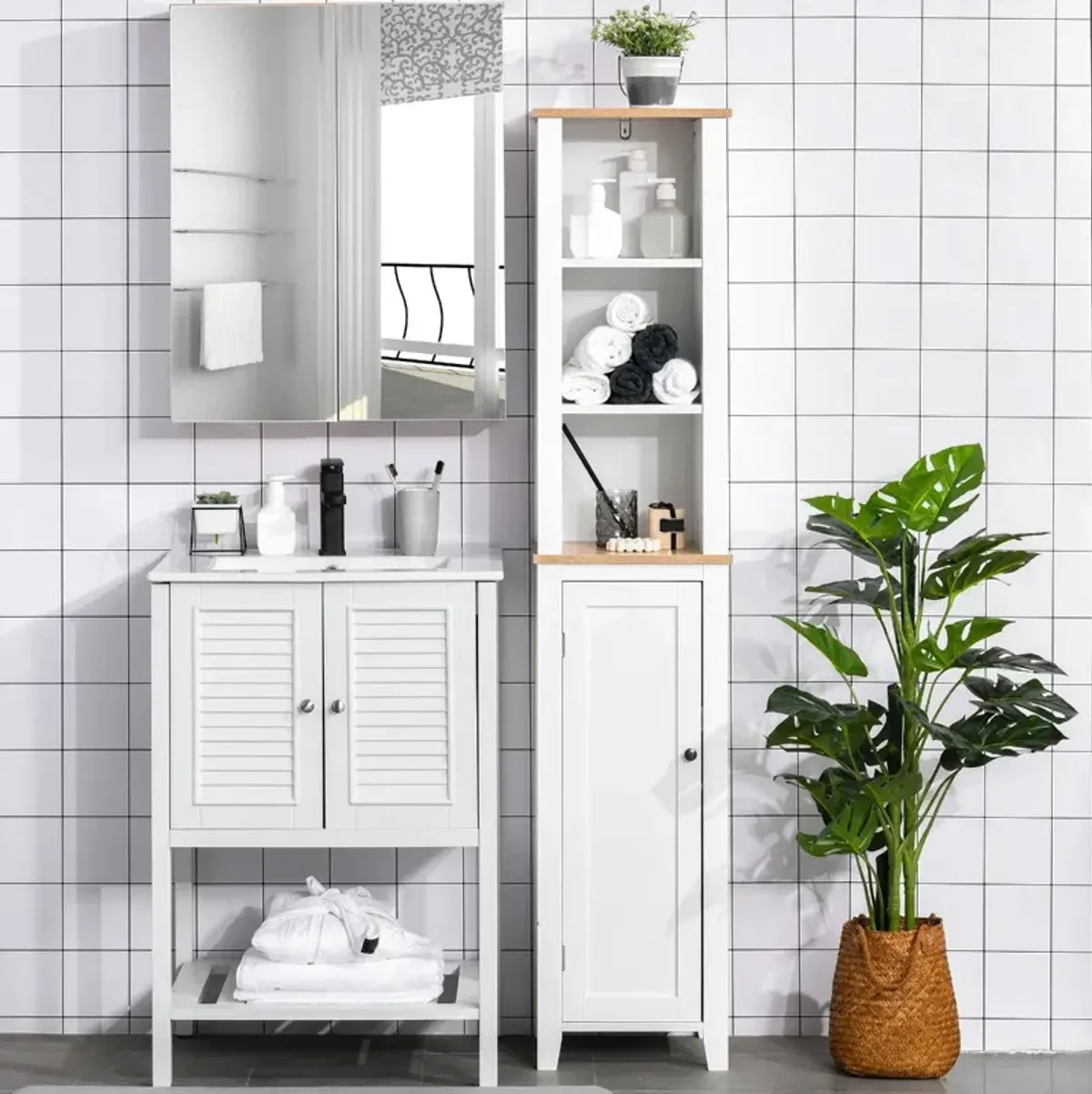 White Bathroom Organizer: Tall 3-Tier Linen Tower Cabinet