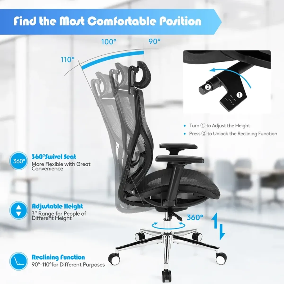 Costway Ergonomic Office Chair High-Back Mesh Chair w/Adjustable Lumbar Support