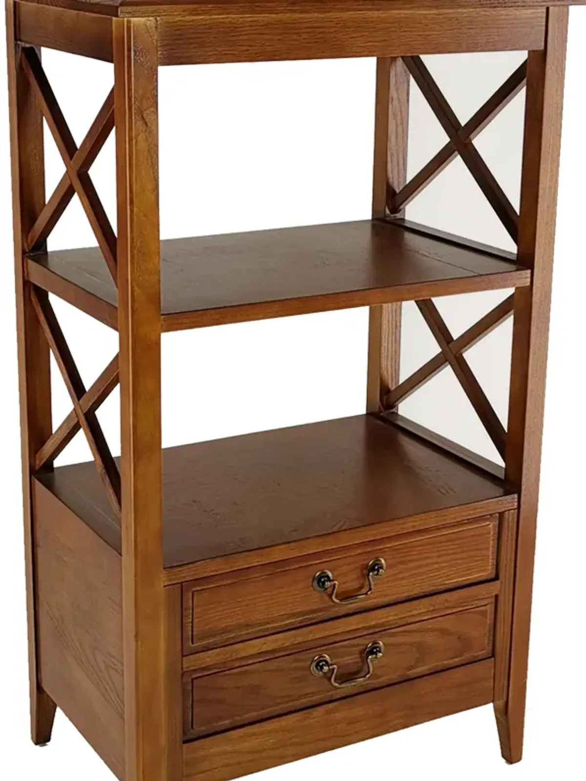 X Frame Wooden Rack with 2 Drawers and Open Shelf, Brown-Benzara