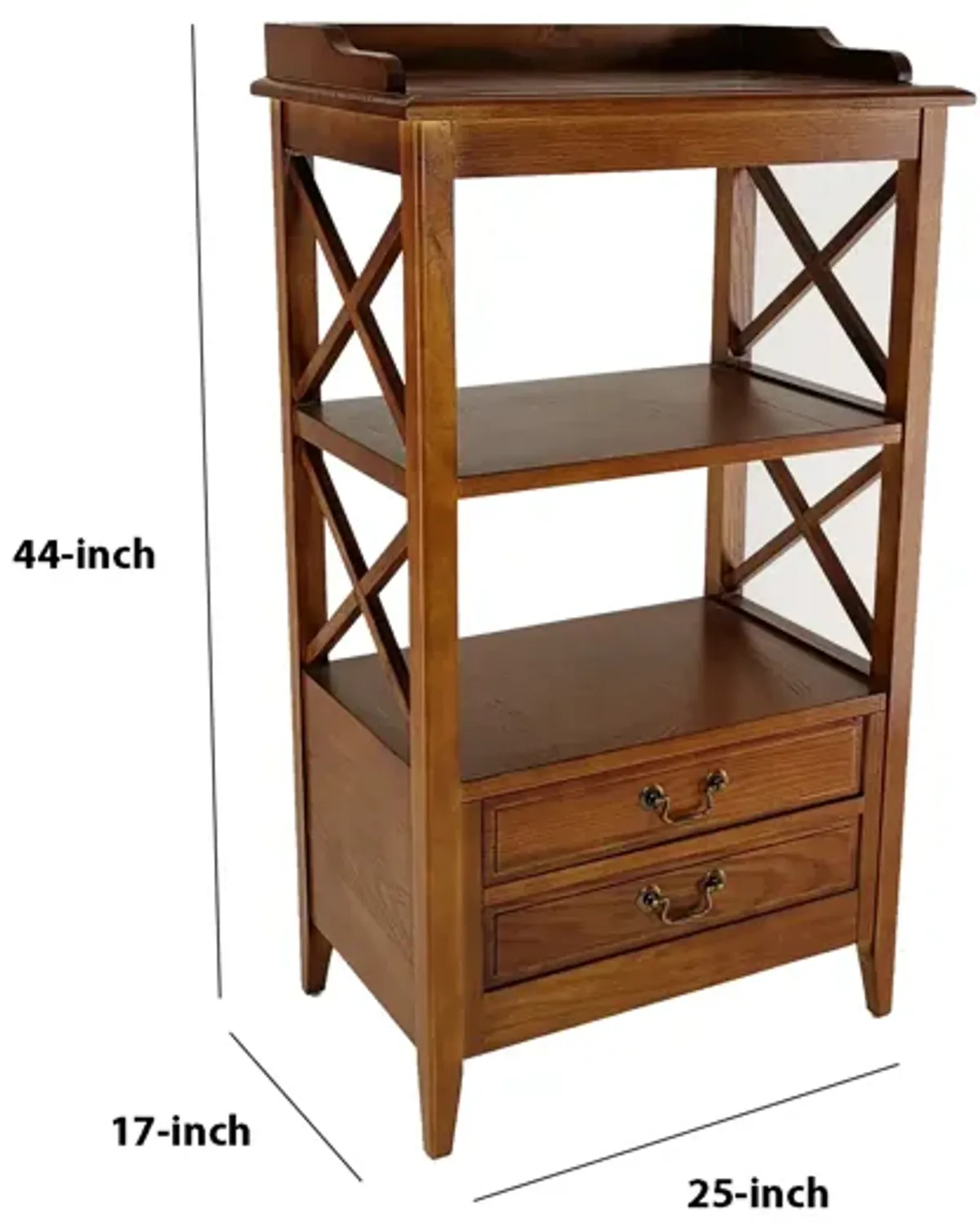 X Frame Wooden Rack with 2 Drawers and Open Shelf, Brown-Benzara