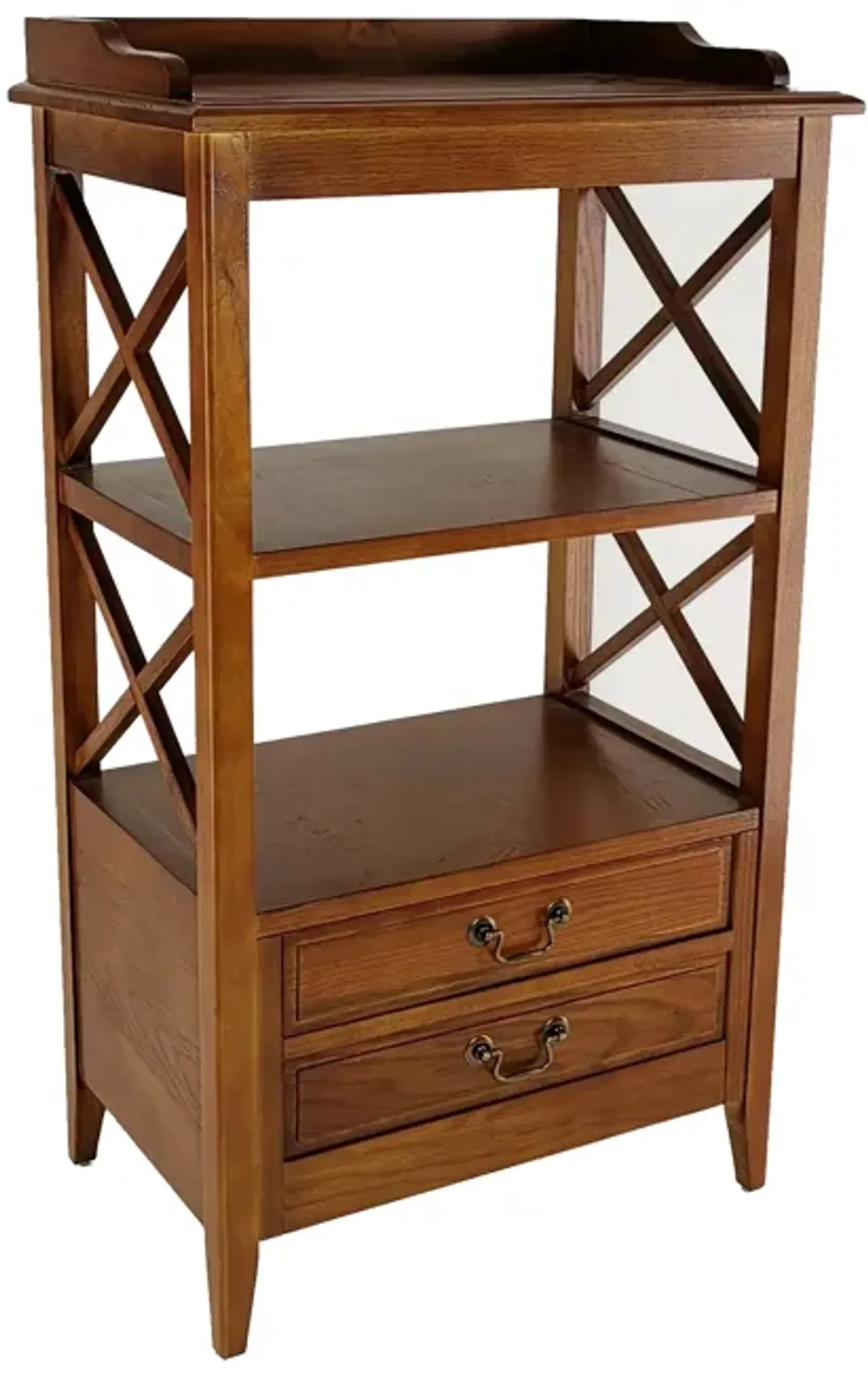 X Frame Wooden Rack with 2 Drawers and Open Shelf, Brown-Benzara