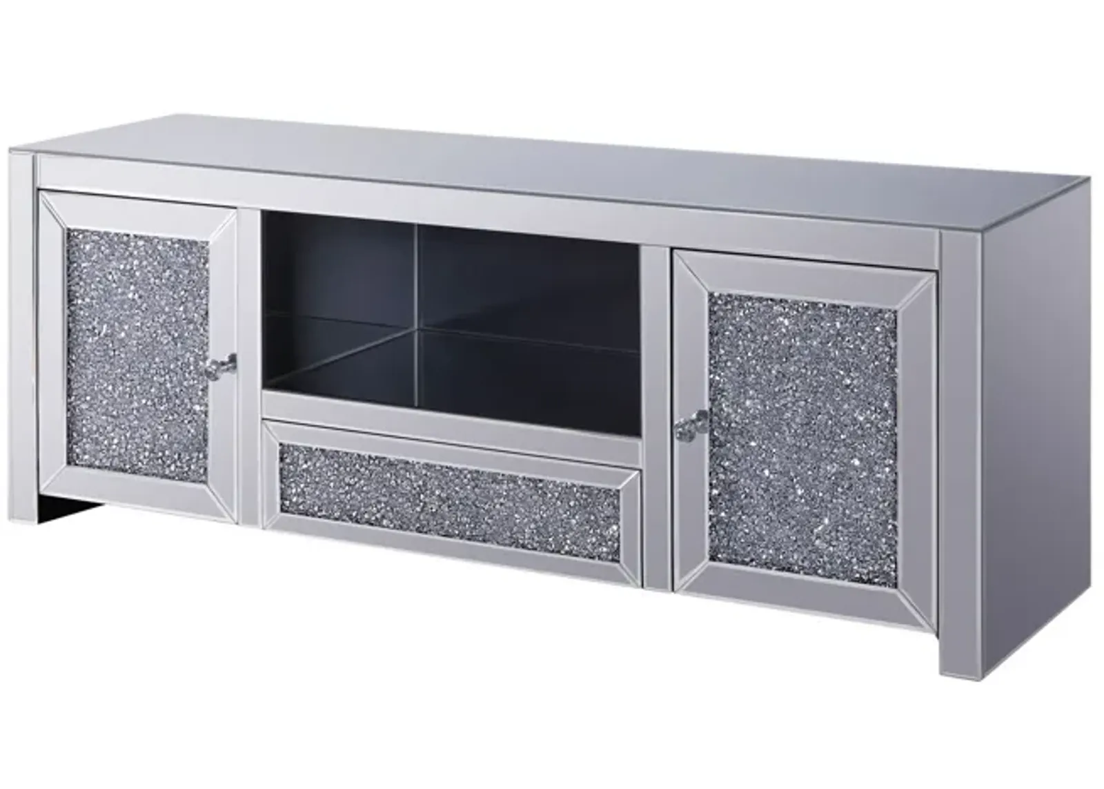 Noe 59 Inch Wood TV Entertainment Media Console, Faux Diamond Inlay, Silver-Benzara