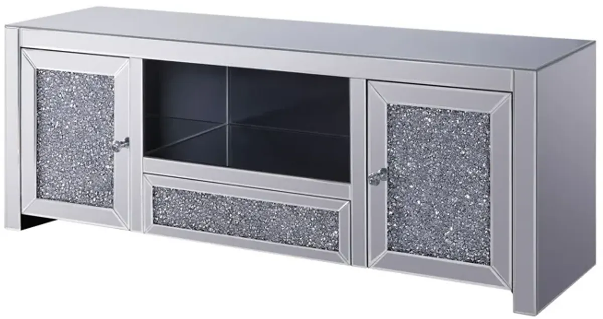 Noe 59 Inch Wood TV Entertainment Media Console, Faux Diamond Inlay, Silver-Benzara