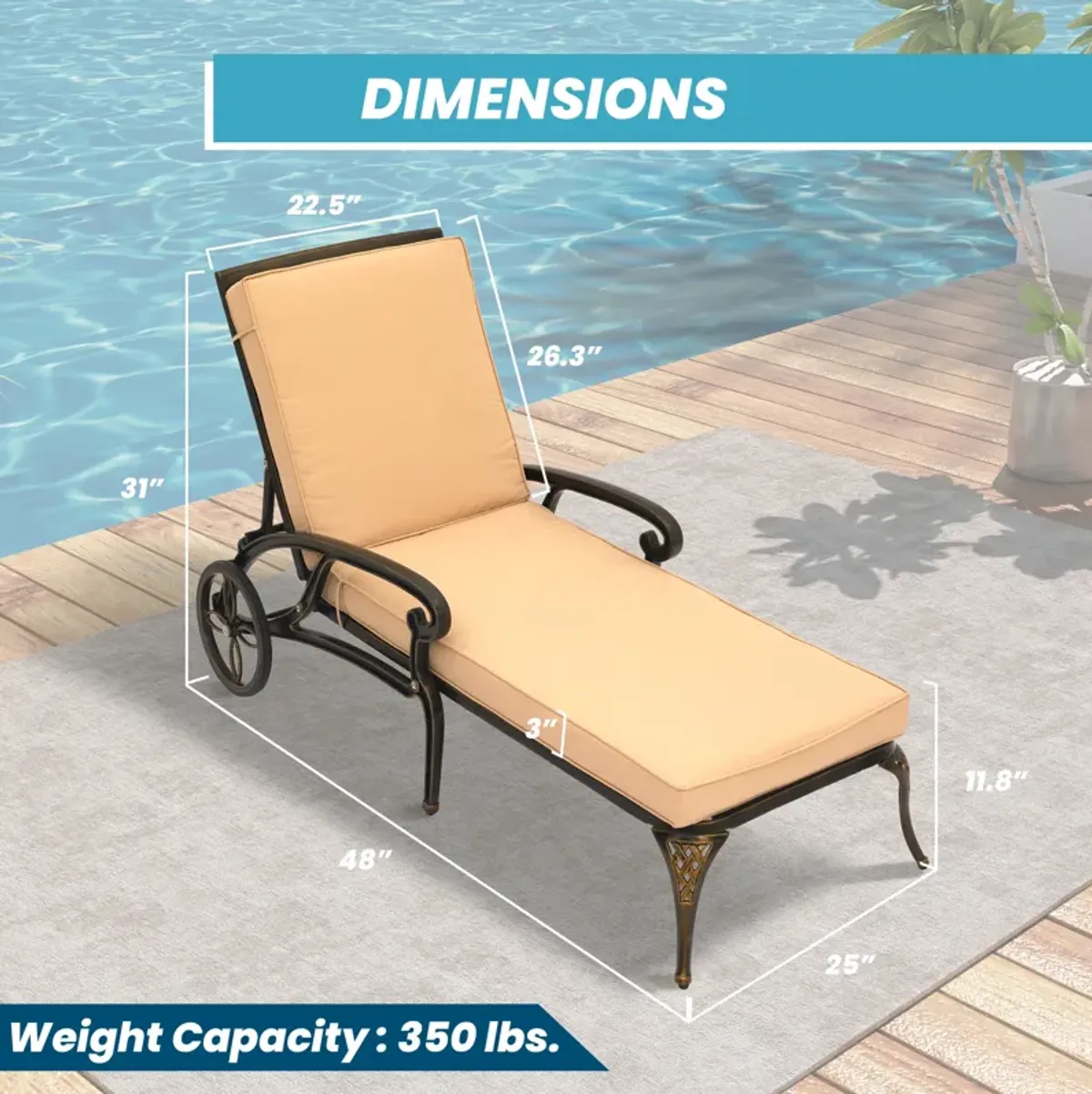 MONDAWE Cast Aluminum Outdoor Adjustable Chaise Lounge with Removable Cushion