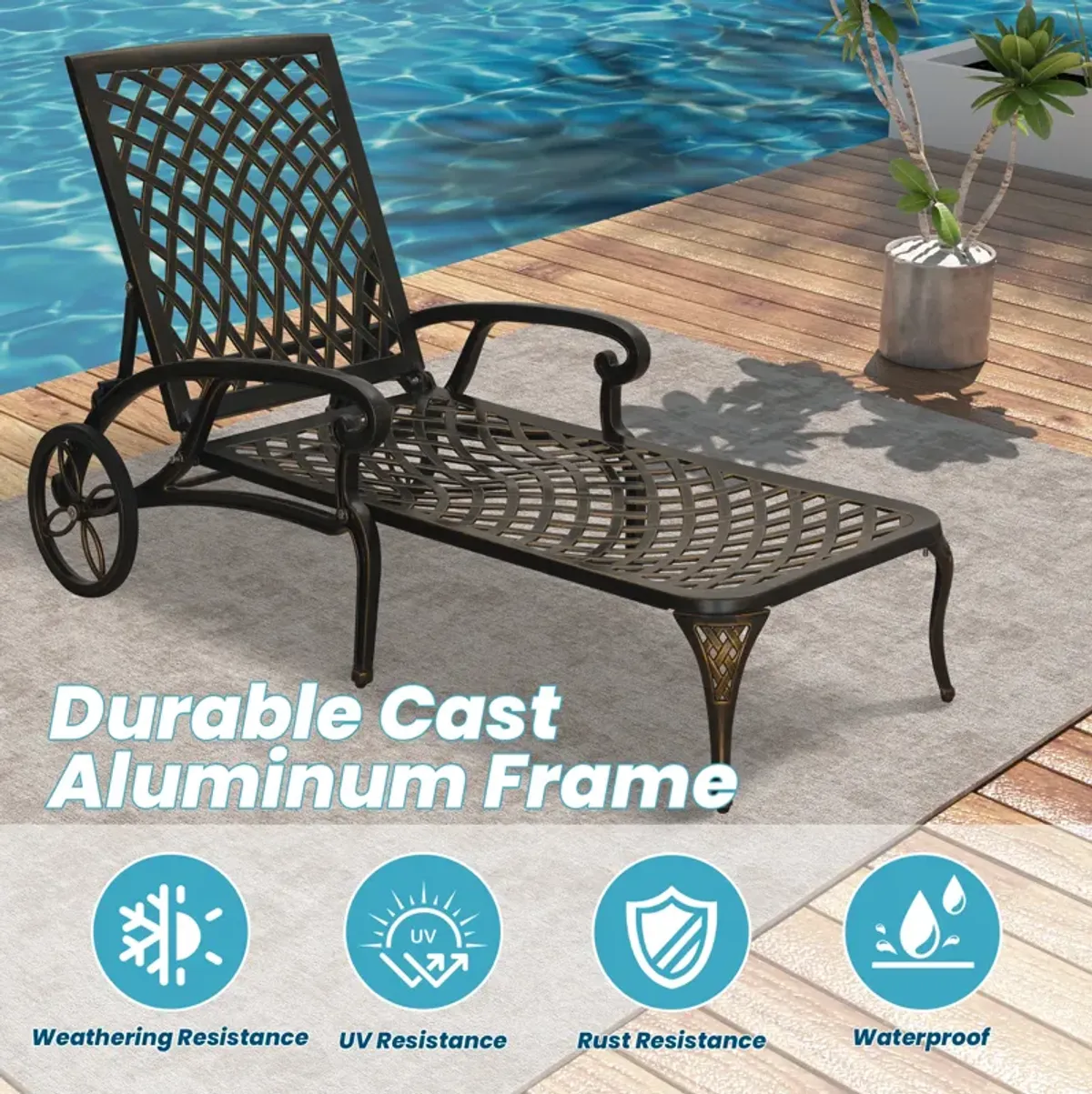 MONDAWE Cast Aluminum Outdoor Adjustable Chaise Lounge with Removable Cushion