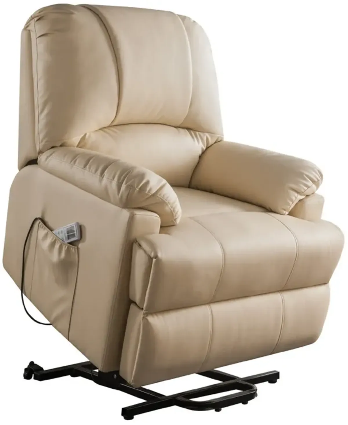 Contemporary Polyurethane Upholstered Metal Recliner with Power Lift, Beige-Benzara