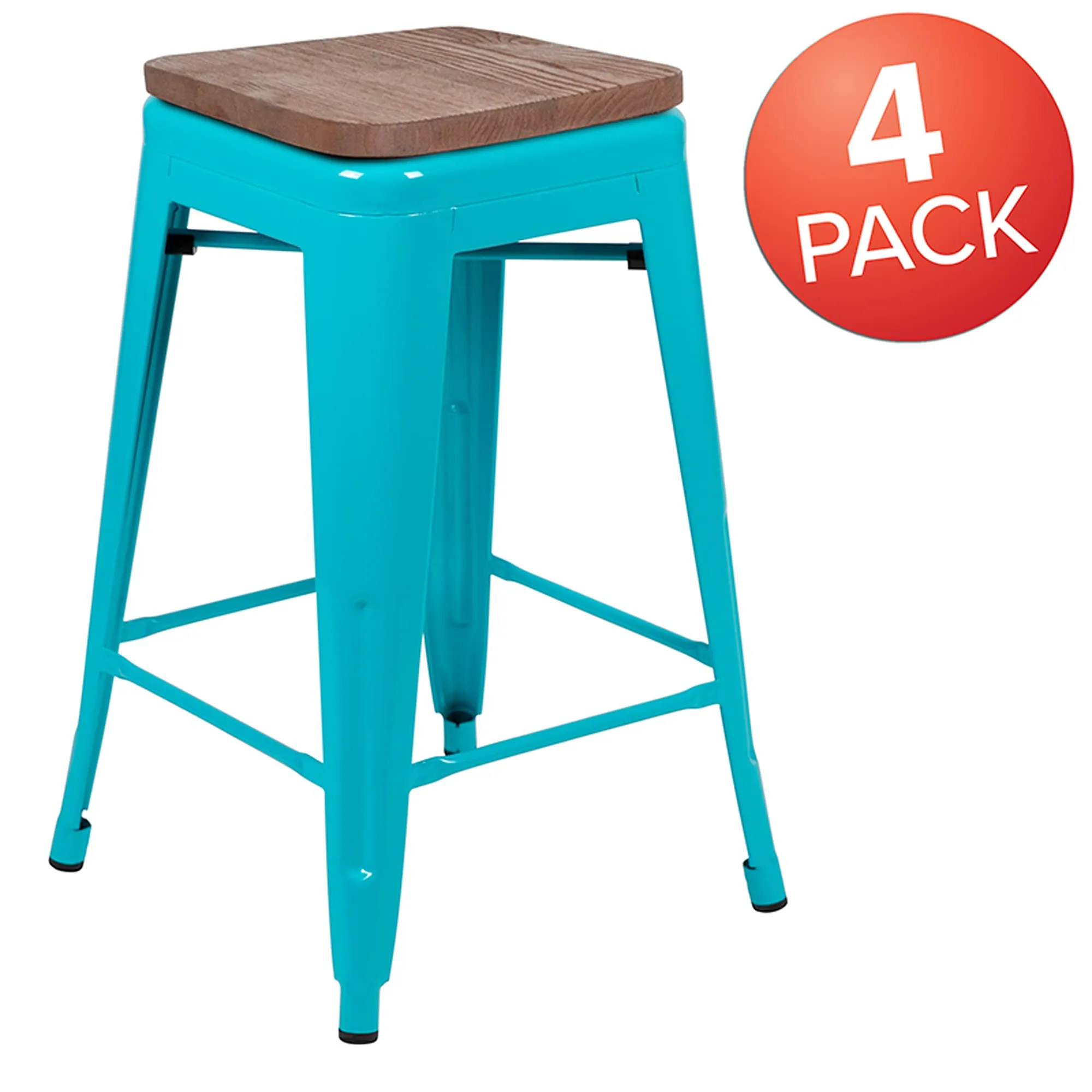 Flash Furniture Lily 24" High Metal Counter-Height, Indoor Bar Stool with Wood Seat in Teal - Stackable Set of 4