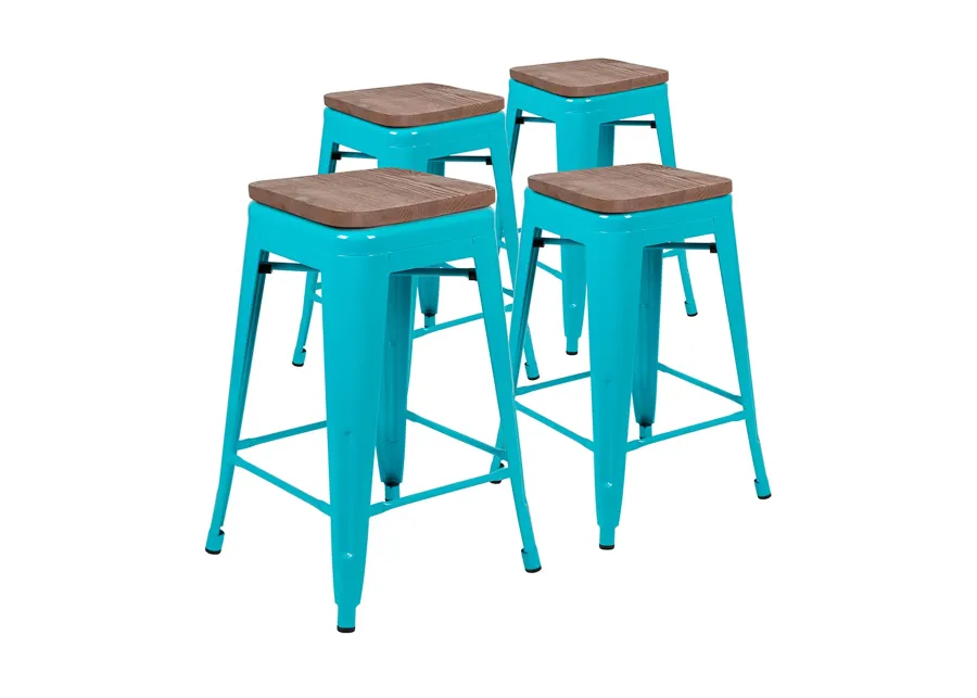 Flash Furniture Lily 24" High Metal Counter-Height, Indoor Bar Stool with Wood Seat in Teal - Stackable Set of 4