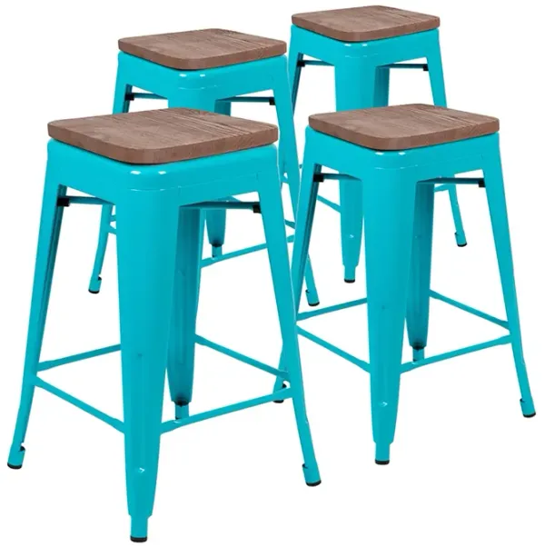 Flash Furniture Lily 24" High Metal Counter-Height, Indoor Bar Stool with Wood Seat in Teal - Stackable Set of 4