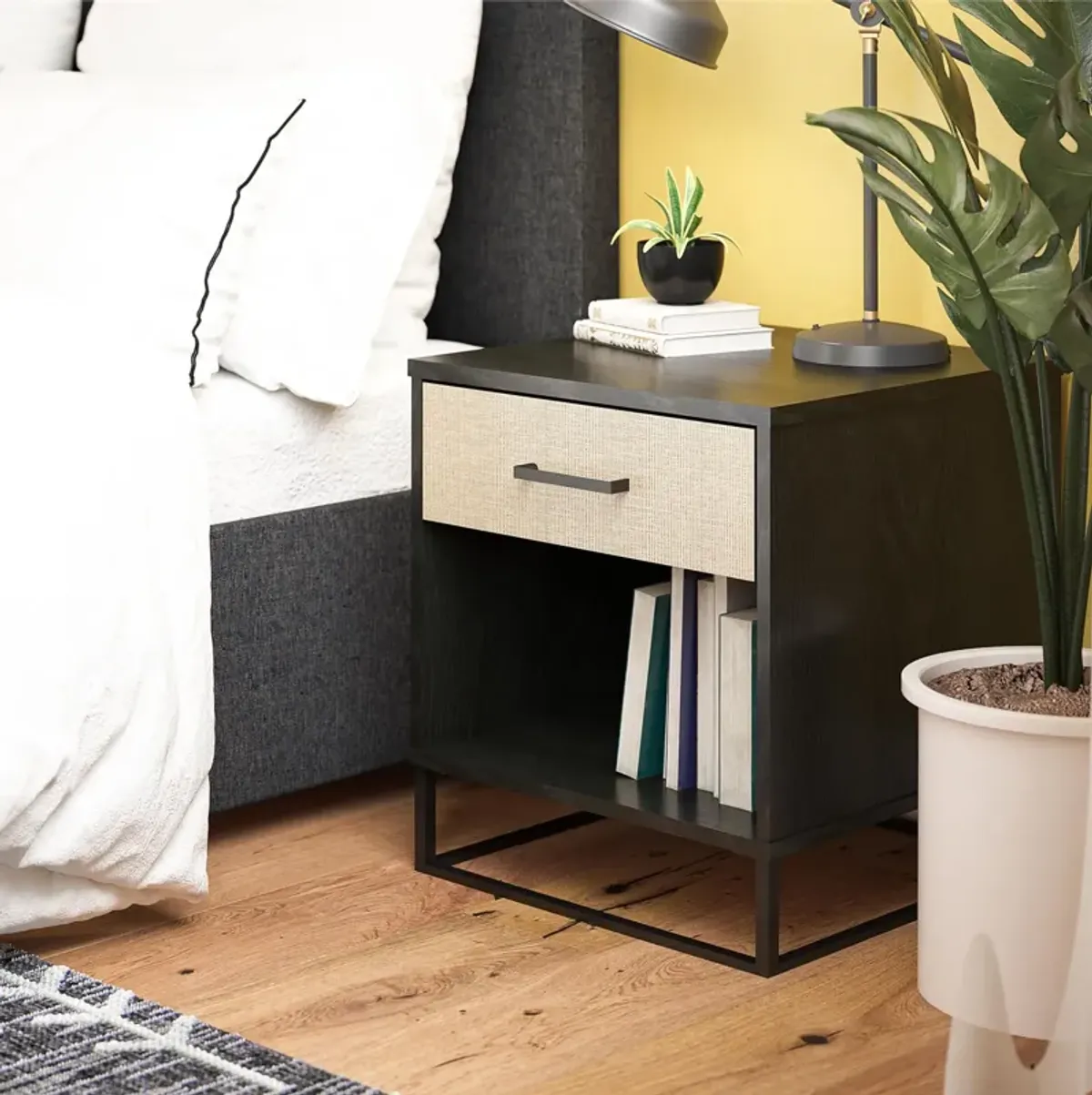 Novogratz Kelly Nightstand, Faux Rattan & Black Oak