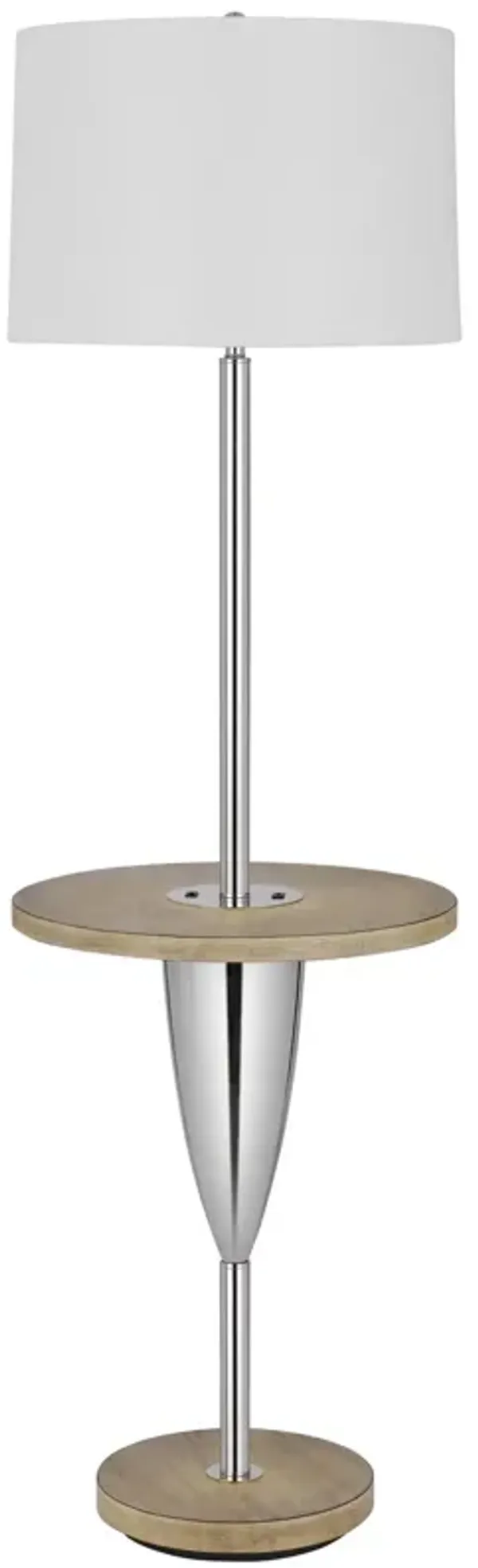 Charlie 61 Inch Modern Floor Lamp, Wood Table, 1 USB, Glossy, White, Brown - Benzara