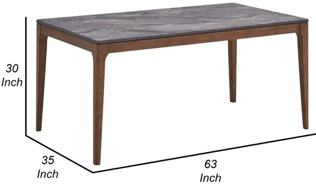 Evis 63 Inch Dining Table, Marble Grain Faux Stone Top, Walnut Brown Wood - Benzara