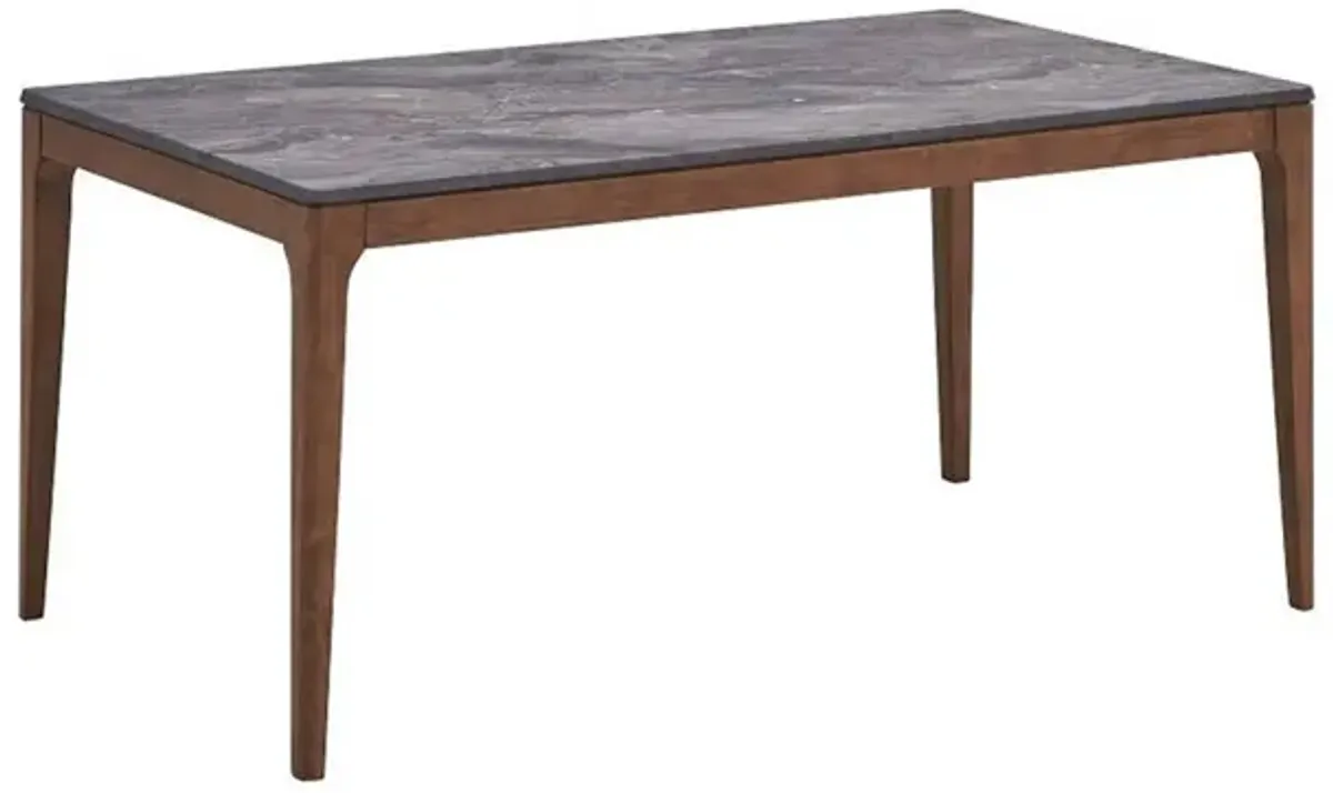 Evis 63 Inch Dining Table, Marble Grain Faux Stone Top, Walnut Brown Wood - Benzara