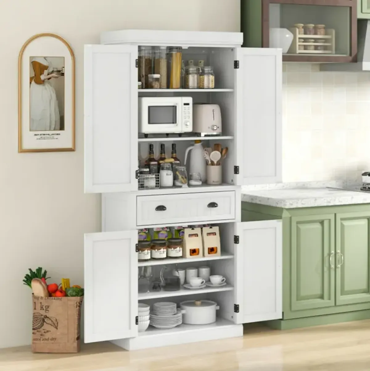 Cupboard Freestanding Kitchen Cabinet with Adjustable Shelves