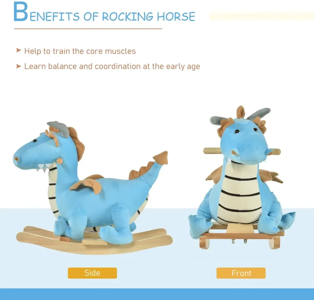 Blue Dino Ride: Wooden Rocking Horse with Sounds for 18-36 Months