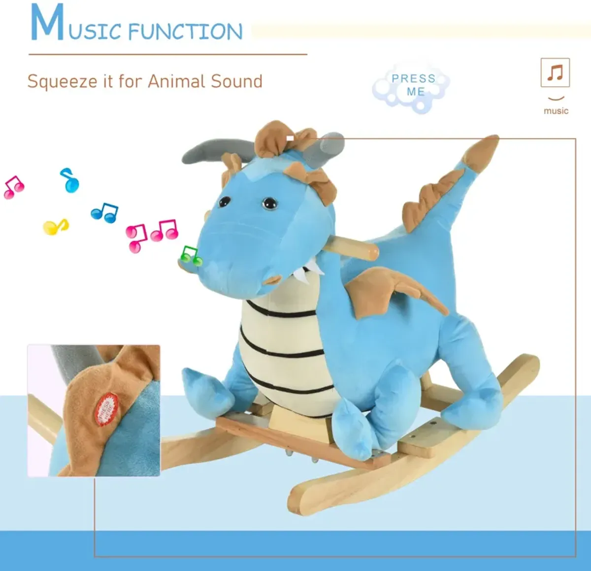 Blue Dino Ride: Wooden Rocking Horse with Sounds for 18-36 Months