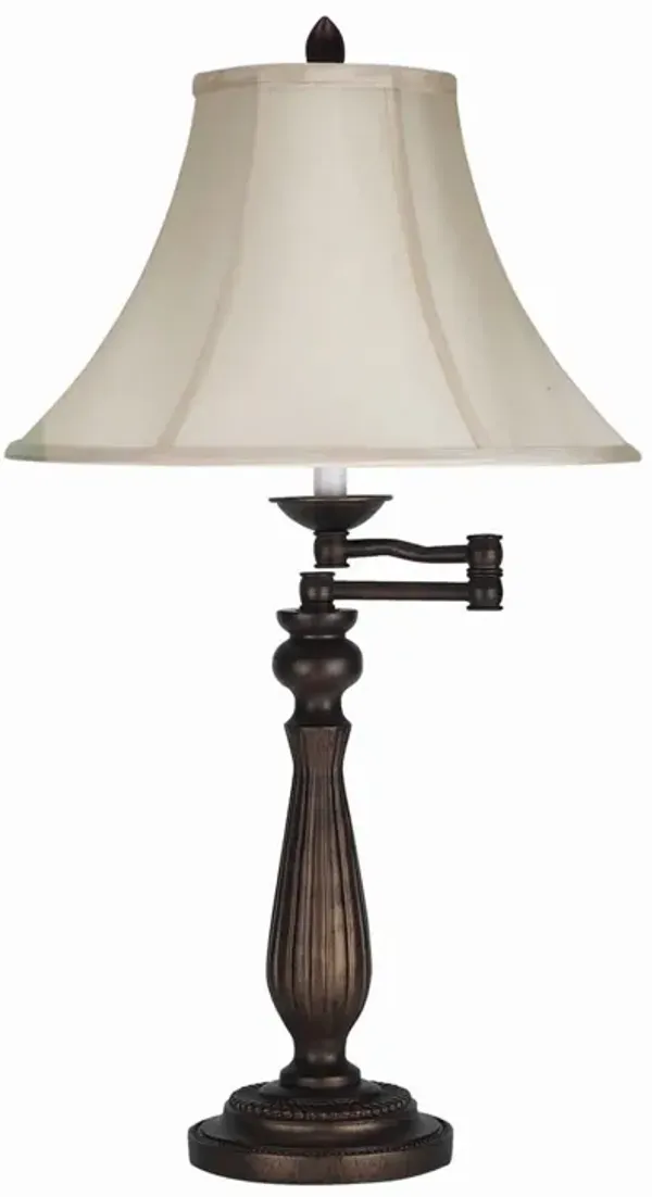 Swing Arm Metal Body Table Lamp with Fabric Bell Shade, Bronze and Beige - Benzara