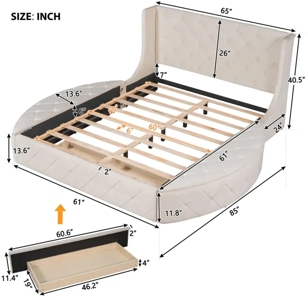 Upholstered Platform Bed Queen Size Storage Velvet Bed With Wingback Headboard And 1 Drawer