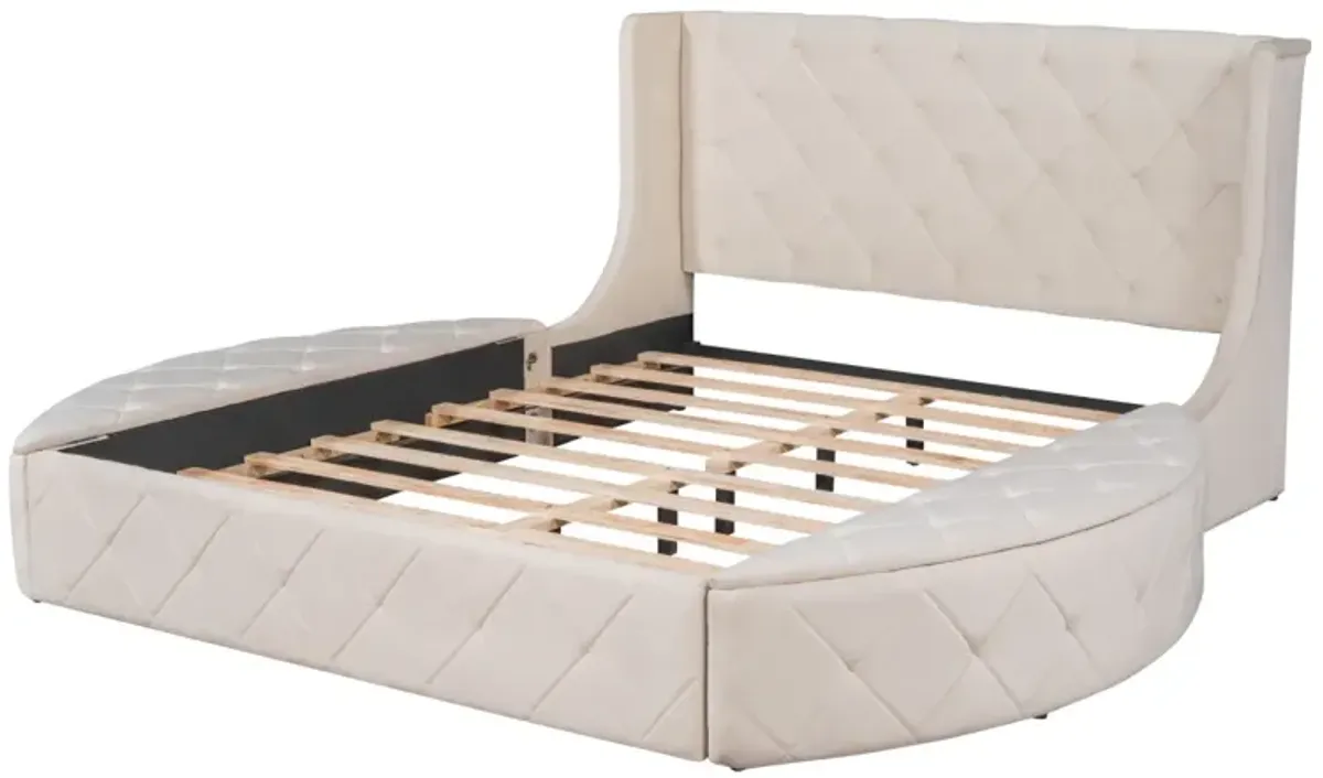 Upholstered Platform Bed Queen Size Storage Velvet Bed With Wingback Headboard And 1 Drawer