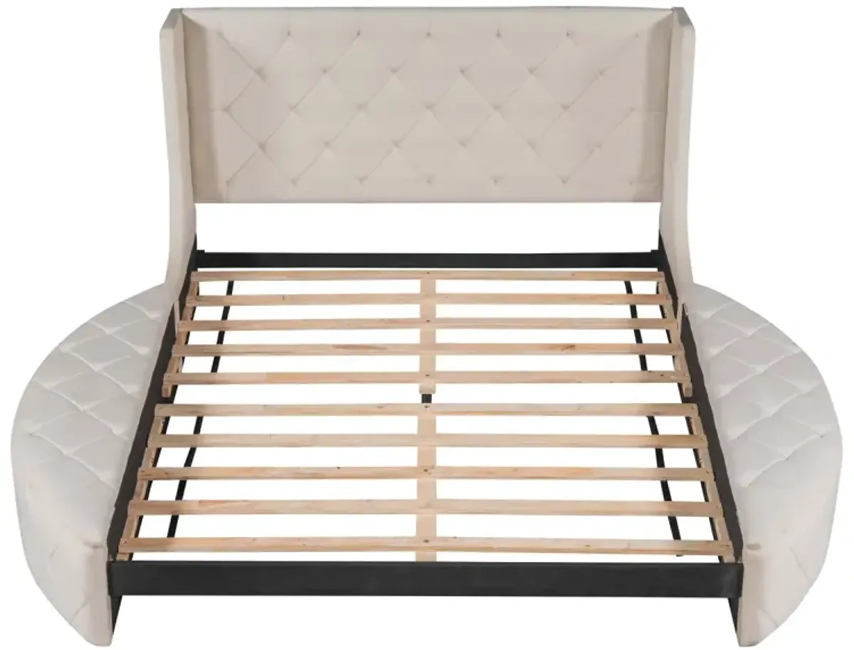 Upholstered Platform Bed Queen Size Storage Velvet Bed With Wingback Headboard And 1 Drawer