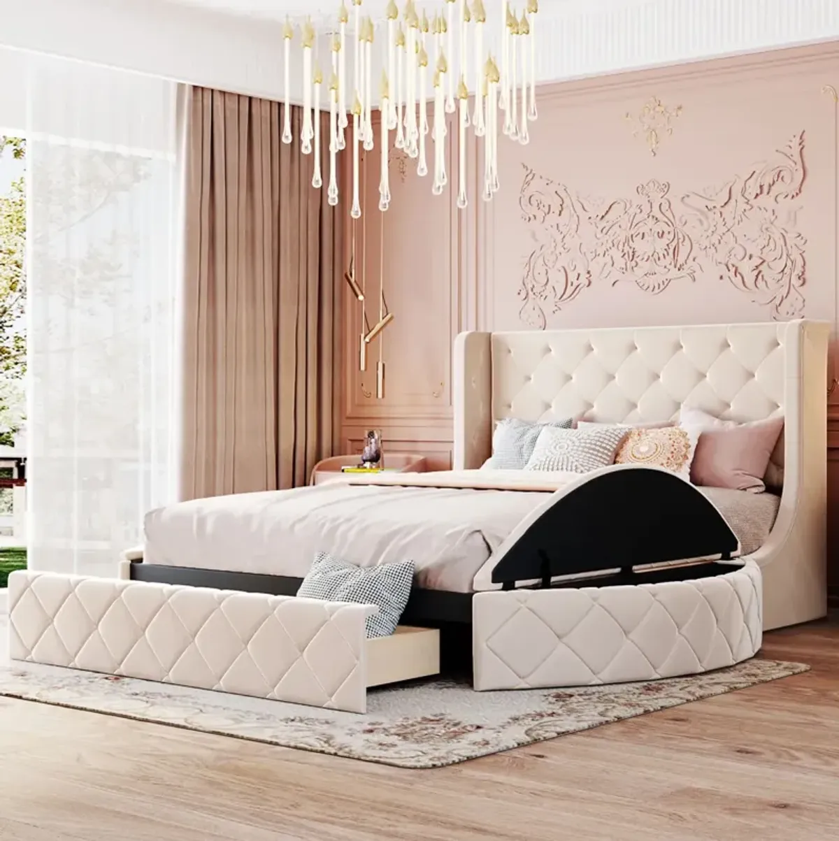 Upholstered Platform Bed Queen Size Storage Velvet Bed With Wingback Headboard And 1 Drawer