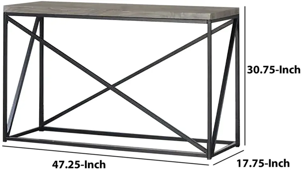 Industrial Style Minimal Sofa Table With Wooden Top And Metallic Base, Sonoma Gray-Benzara