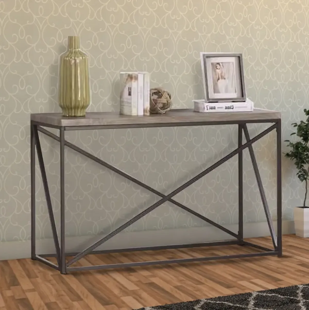 Industrial Style Minimal Sofa Table With Wooden Top And Metallic Base, Sonoma Gray-Benzara