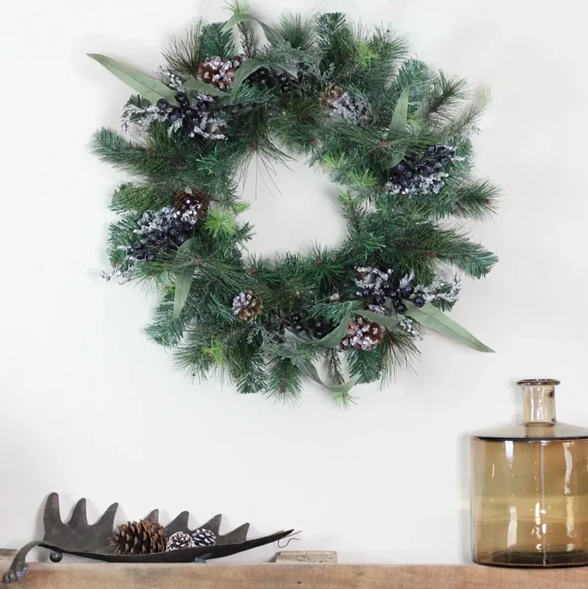 Mixed Pine with Blueberries Pine Cones and Ice Twigs Artificial Christmas Wreath - 24-Inch  Unlit