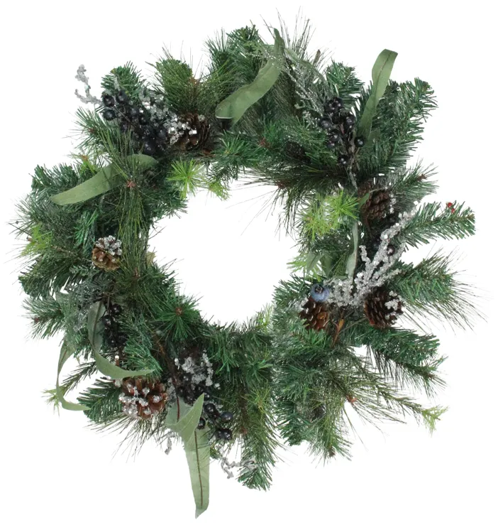 Mixed Pine with Blueberries Pine Cones and Ice Twigs Artificial Christmas Wreath - 24-Inch  Unlit