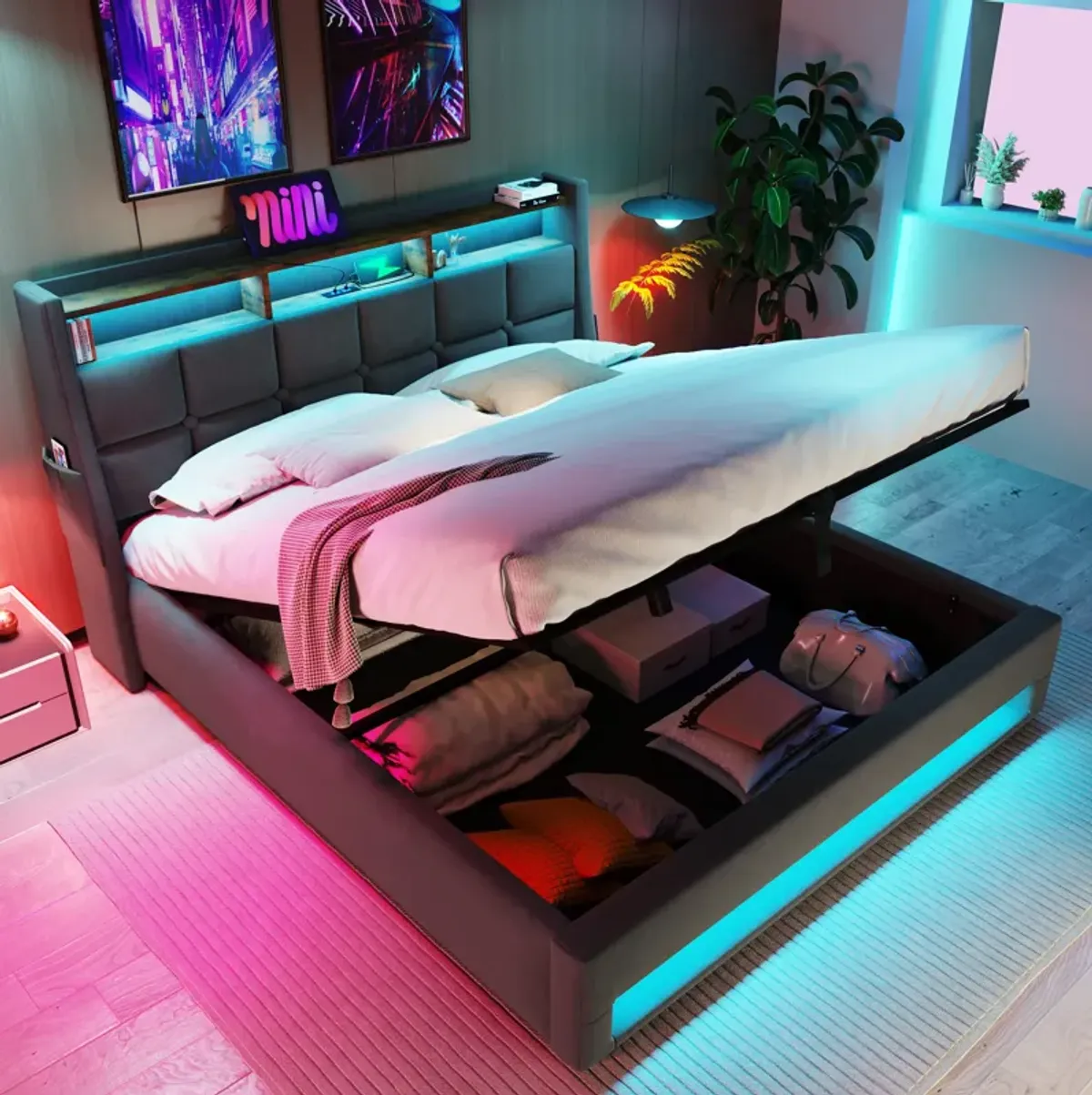 Merax Storage Platform Bed  with LED and USB Port