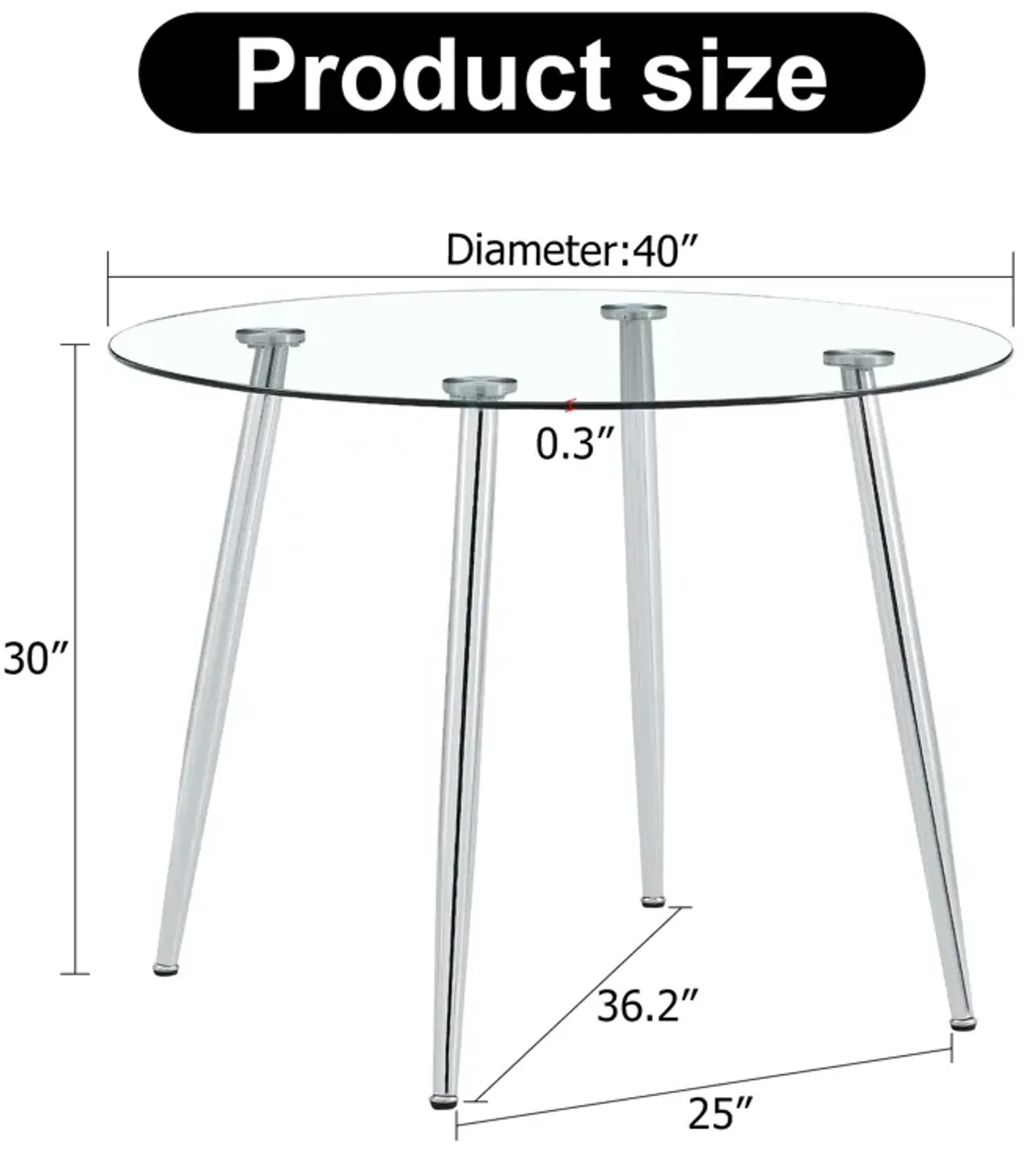 Hivvago 40 inches Modern Minimalist Round Glass  Table with  Metal Legs