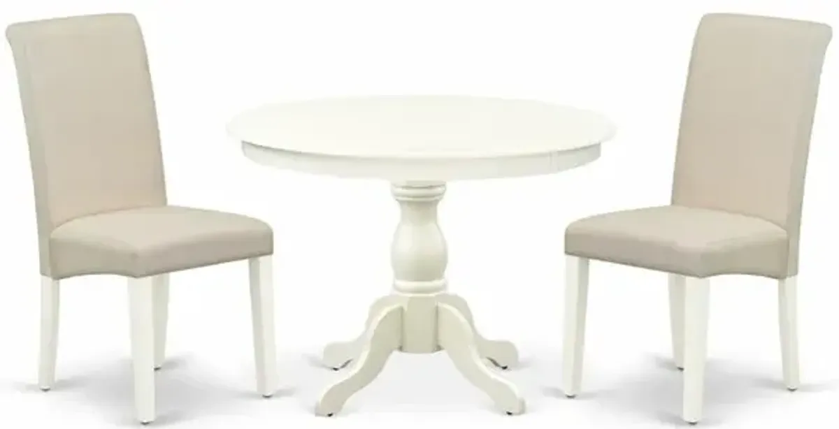 East West Furniture HBBA3-LWH-01 3 Piece Dining Room Set - Linen White Dining Table and 2 Cream Linen Fabric Comfortable Chairs with High Back - Linen White Finish