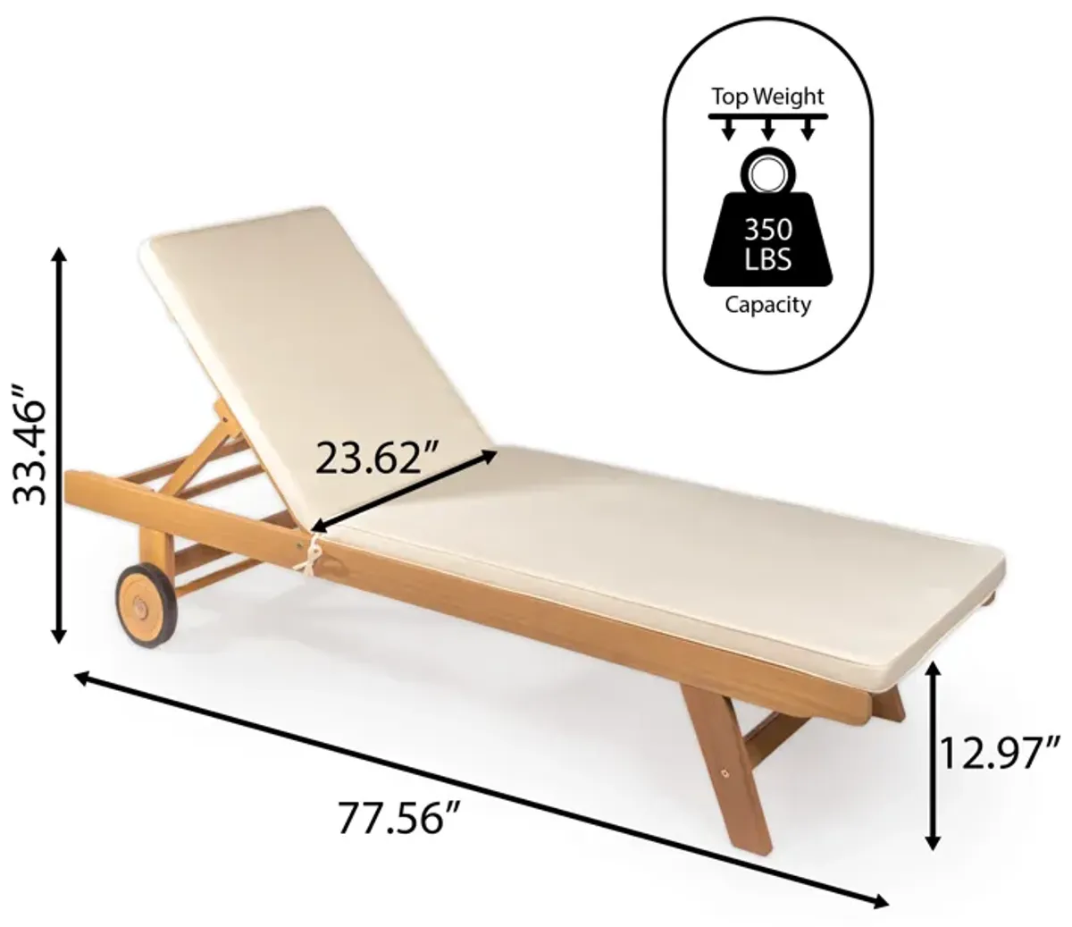 Mallorca Modern Classic Adjustable Acacia Wood Chaise Outdoor Lounge Chair with Cushion & Wheels