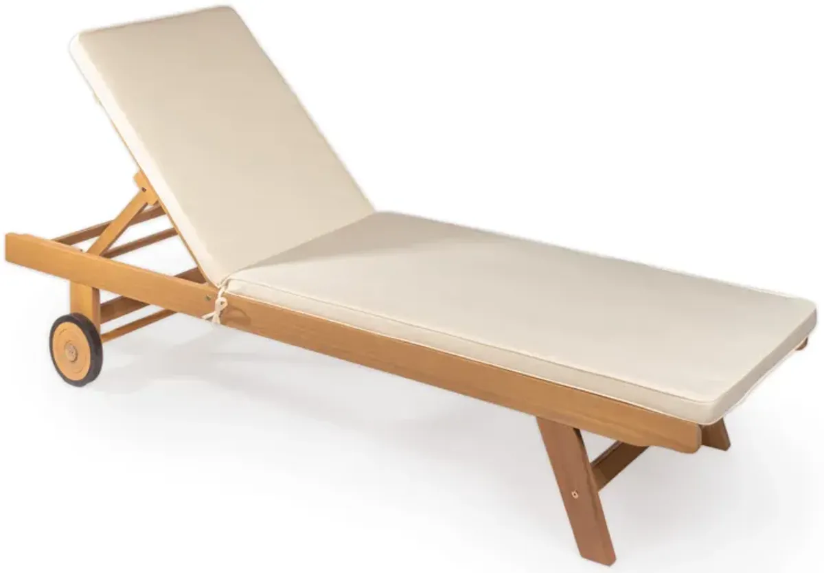 Mallorca Modern Classic Adjustable Acacia Wood Chaise Outdoor Lounge Chair with Cushion & Wheels