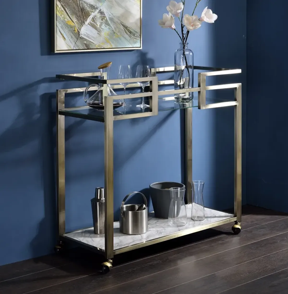 Neilo Serving Cart in Clear Glass, Faux Marble & Wire Brass Finish