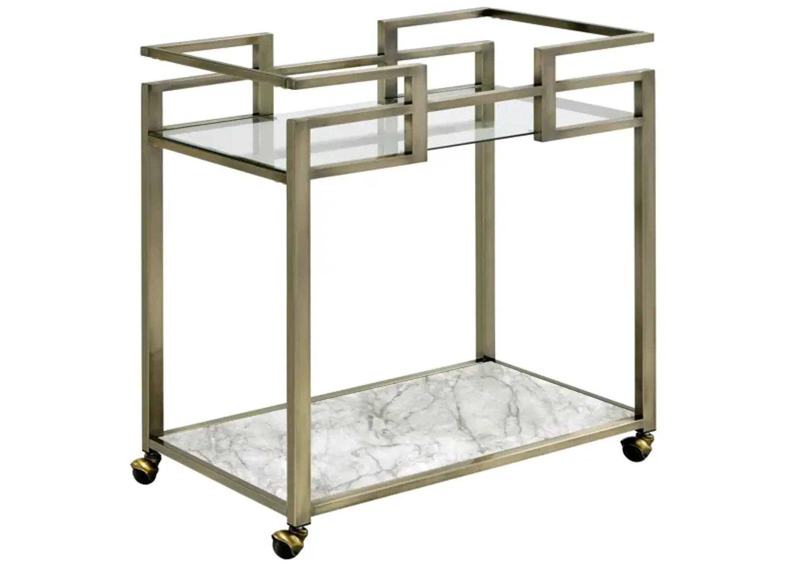 Neilo Serving Cart in Clear Glass, Faux Marble & Wire Brass Finish