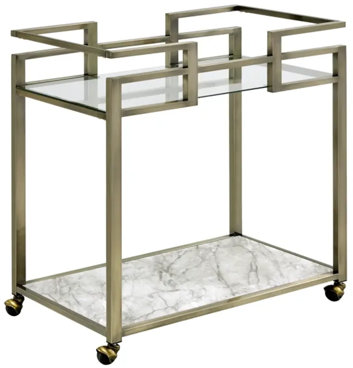 Neilo Serving Cart in Clear Glass, Faux Marble & Wire Brass Finish